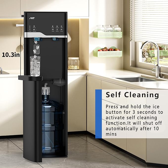 IKT Self Cleaning 4 in 1 Water Cooler Dispenser with Ice Maker for 5 Gallon Bottle Bottom Load 22lbs Daily Capacity Child Safety Lock Empty Bottle Light Black