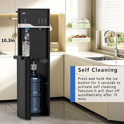 IKT Self Cleaning 4 in 1 Water Cooler Dispenser with Ice Maker for 5 Gallon Bottle Bottom Load 22lbs Daily Capacity Child Safety Lock Empty Bottle Light Black