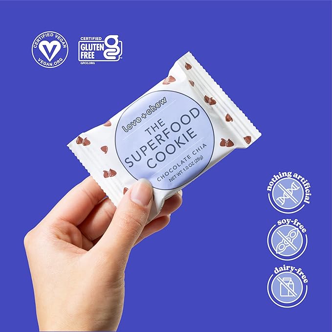 Love + Chew Superfood Soft Baked MINI Cookies, Chocolate Chia Flavor, Plant Based Cookie Made With Chia Seeds & Dark Chocolate for Kids and Adults, Vegan Snacks, Gluten Free, Paleo, Non GMO, 80 Pack