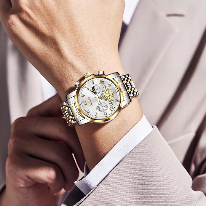 OLEVS Men Watches Stainless Steel Chronograph Watch, Large Wrist Analog Quartz Watch, Fashion Waterproof Diamond Roman Numerals Dress Watches for Men, Gold/Black/White/Blue/Grey Dial