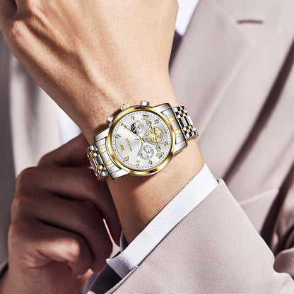 OLEVS Men Watches Stainless Steel Chronograph Watch, Large Wrist Analog Quartz Watch, Fashion Waterproof Diamond Roman Numerals Dress Watches for Men, Gold/Black/White/Blue/Grey Dial