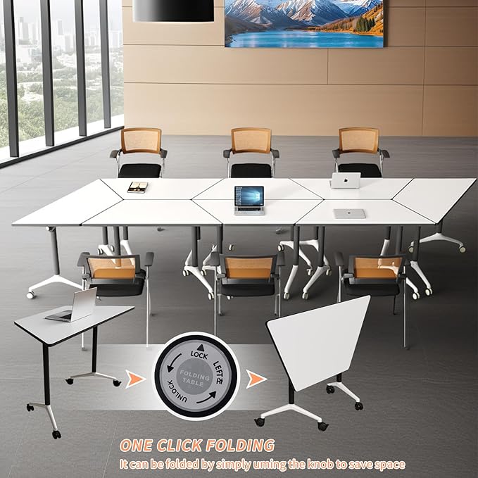 Conference Room Table, 47.2 Inch Folding Conference Tables with Wheels, Modern Office Meeting Table, Easy Flip & Nest Design, Rectangular Seminar Tables with Metal Frame for 2-24 People (L, 10PCS)