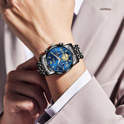 OLEVS Men Watches Stainless Steel Chronograph Watch, Large Wrist Analog Quartz Watch, Fashion Waterproof Diamond Roman Numerals Dress Watches for Men, Gold/Black/White/Blue/Grey Dial