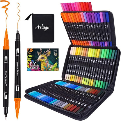 Dual Markers Brush Pens for Adult Kids Coloring Books, 72 Colors Art Marker Set with Fine & Brush Tip Pen for Bullet Journaling, Coloring, Drawing, Hand Lettering, Calligraphy, Art Supplies