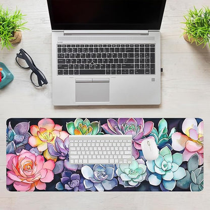 Succulent Plants Desk Pad Mouse Pad Colorful Floral Botanical Art Extended Gaming Mouse Pad Mat with Stitched Edge Non-Slip Base Big Mousepad 31.5"x11.8"