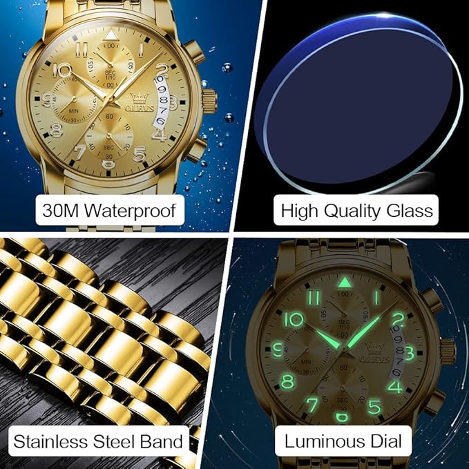 OLEVS Men's Stainless Steel Chronograph Watch, Big Face Gold Silver Black Tone Easy to Read Analog Quartz Watch, Luxury Waterproof Date Diamond Roman Arabic Numerals Dial Dress Watch for Men