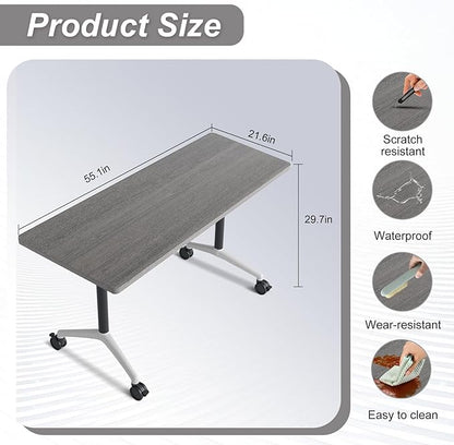 Folding Conference Table,Conference Table with Wheels,Large Flip-Top Training Table,Freely Combinations,Easy to Move for Offices, Schools,Training Rooms（4,Gray,55in