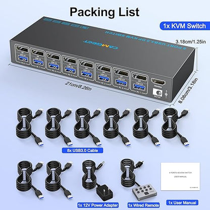 8 Port Displayport KVM Switch 4K@60Hz EDID Simulation, USB3.0 KVM Switch Displayport for 8 Computers Share 1 Monitor and 4 USB Devices,KVM Switches with Audio RS232 Wied Remote 12V Power and USB Cable