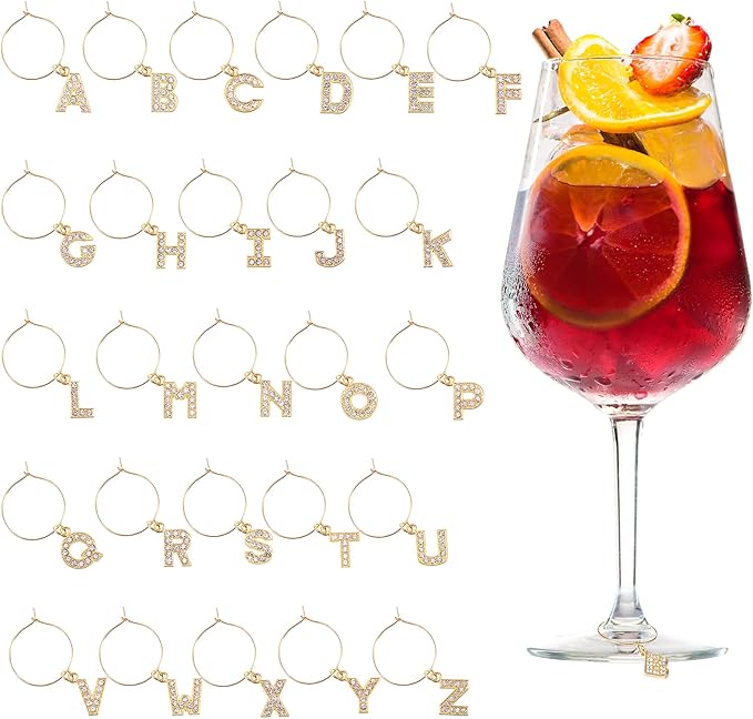 Junkin 26 Pcs Wine Glass Charms Markers Tags for Stem Glasses Drink Markers Wine Charm Ring Identifier for Wedding Bachelorette Tasting Holiday Party Favor Decoration (Gold Letter)