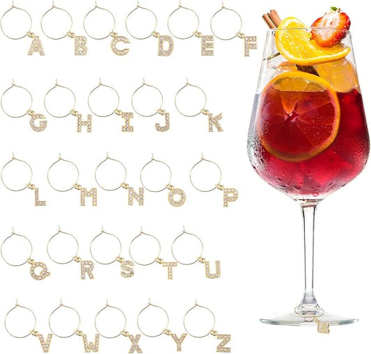 Junkin 26 Pcs Wine Glass Charms Markers Tags for Stem Glasses Drink Markers Wine Charm Ring Identifier for Wedding Bachelorette Tasting Holiday Party Favor Decoration (Gold Letter)