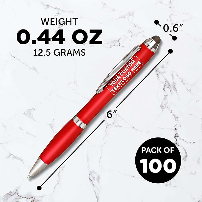 DISCOUNT PROMOS Custom Plastic Stylus Pens Set of 100, Personalized Bulk Pack - Black Ink, Great for Office, School, Business, Tradeshows, Events - Red