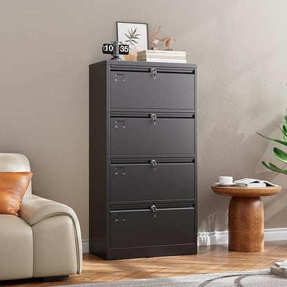 SUXXAN Metal 4 Drawer Lateral File Cabinet with 4 Lock - Wide Filing Cabinet for Letter/Legal/F4/A4 Hanging Files - Includes Business Card Holder,Home Office School Storage,Black
