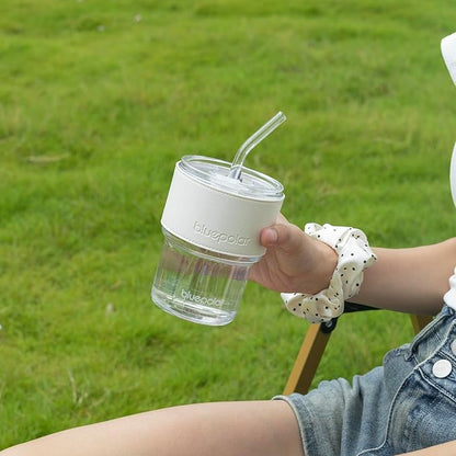 13oz/400ml Glass Water Tumbler with Straw and Lid Sealed Carry On Thick Wall Iced Coffee Cup Glass Cup for Water, Iced Tea Fruit Juice Etc (White with Protect Sleeve)