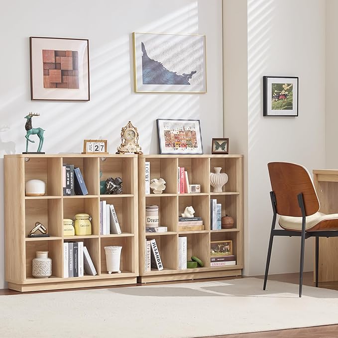 9 Cube Storage Book Shelf, 41" Tall Organizer Bookshelf with Curved Edge, Floor Standing 3-Tier Wood Cubby Bookcase with Base, Modern Display Book Case for Living Room, Home Office,Natural Oak