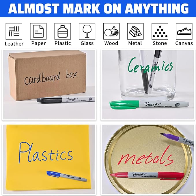 Permanent Markers Bulk,12 Assorted Colors, 60 Pack Fine Point Permanent Markers for Office, School, and Home Use