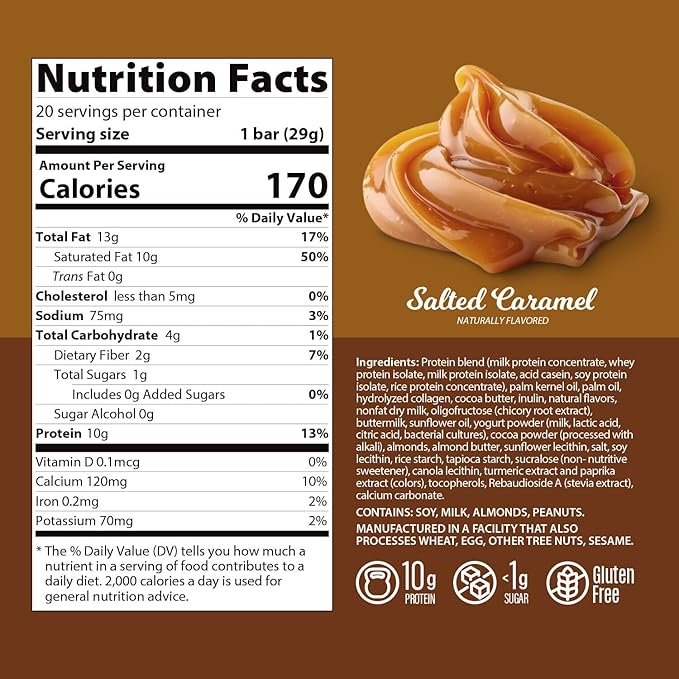 Genius Gourmet Protein Bar, Salted Caramel Keto Snack, Low Carb, Low Sugar & Gluten Free, Protein Snacks for Adults, 10G of Whey Protein per Protein Bar, 5 Net Carbs, 20 Count