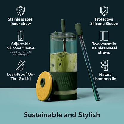 Pandaloo® Glass Cups With Lids and Straws -20 Fl Oz- Perfect Size Iced Coffee Cup - Smoothie Cup With Bamboo Lid and On the go Lid - Glass Tumbler With Straw (1 Count (Pack of 1), Boysenberry)