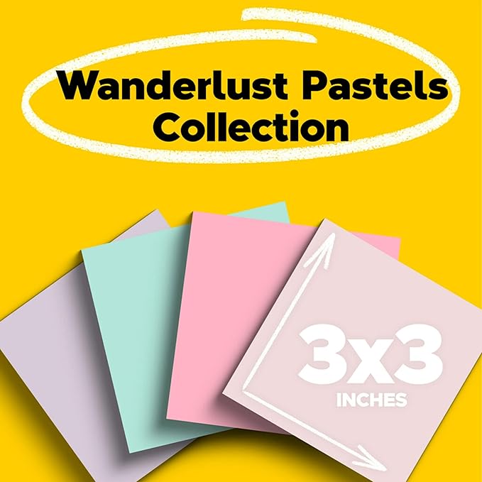 Post-it Super Sticky Notes 3x3 inch Wanderlust Pastels | 100% Recycled Paper | 2X Sticking Power | For Office & School | 24 Pads, 70 Sheets, Pack of 8