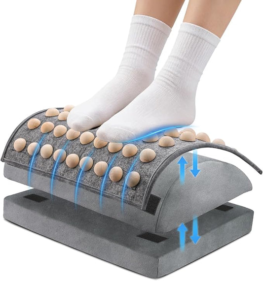 Foot Rest Under Desk at Work, Office Foot Tool Desk Accessories with Washable Cover, Home Spa Massage Wood Foot Acupressure Mat Top, Foam Footrest with 2 Adjustable Heights for Relax (Light Grey)