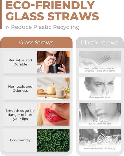 Foogwee® 20 Packs Reusable Glass Straws Set, 6'' x 10mm Clear Drinking Straws for Smoothies, Shakes, Coffee, Juice, Sodas, Milk, Tea, Cocktails, Set of 8 Straight and 8 Bent with 4 Cleaning Brushes