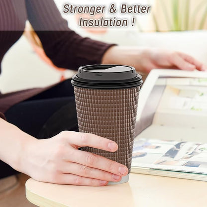 Qunclay Disposable Coffee Cups with Lids,16 oz (80 Pack) Togo Hot Paper Coffee Cup with Leak-Proof Lid To Go for Hot/Cold Beverages Insulated Reusable Drinks Corrugated Ripple Cups (Brown)