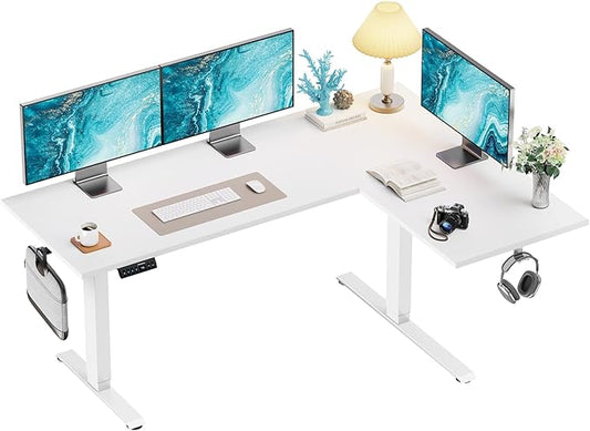 HUANUO 71 x 48 inch Dual Motor L Shaped Electric Standing Desk with 3 Preset Heights, Electric Height Adjustable Computer Table, 2 Hooks & Cable Tray, Raising Desk for Home Office, White