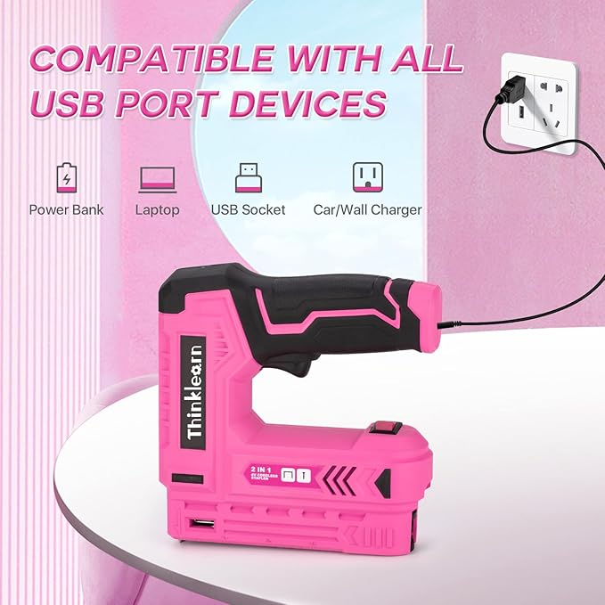 Pink Electric Staple Gun, 7PCS 2 in 1 Cordless Stapler Nail Gun Set with 2500pcs Staples Nails, 4V Brad Nailer Tacker for Upholstery, Wood, Carpentry, Crafts, DIY, Brad Nailer Kit with USB Charger