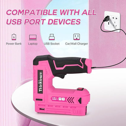 Pink Electric Staple Gun, 7PCS 2 in 1 Cordless Stapler Nail Gun Set with 2500pcs Staples Nails, 4V Brad Nailer Tacker for Upholstery, Wood, Carpentry, Crafts, DIY, Brad Nailer Kit with USB Charger