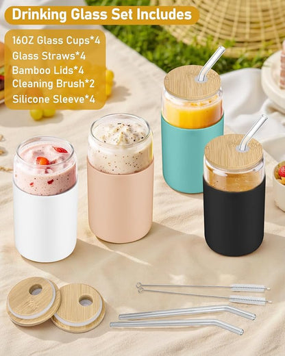 sungwoo Glass Cups with Lids and Straws, 4 Pack 16OZ Iced Coffee Cups with Silicone Sleeve, Glass Tumbler with Straw and Bamboo Lid, Home Essential Drinking Set for Juice, Cocktail and Latte 4 Colors