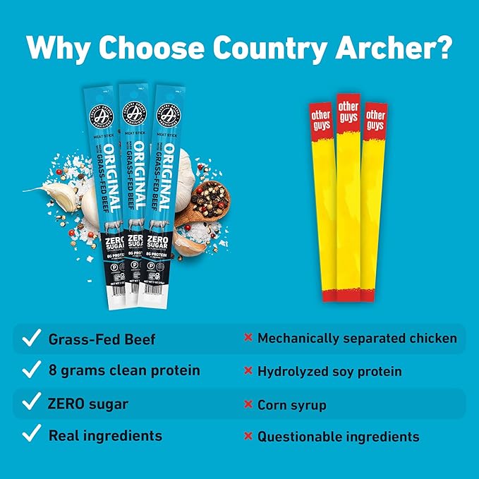 Country Archer Beef Jerky Sticks - Grass Fed Beef Sticks Individually Wrapped, Beef Sticks Bulk, Beef Jerky Snack Packs, Gluten Free, Paleo, Keto - 1 oz Meat Sticks (Pack of 36)