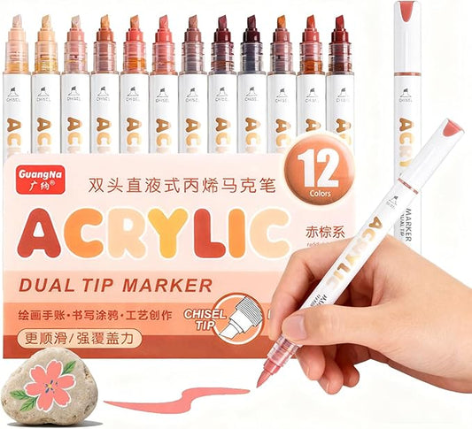 kander 12 Colors Dual Tip Acrylic Paint Markers, Reddish Brown Color — Extra Fine & Soft Brush Pen Set with Direct Ink Flow for Sketching, Detailing, Coloring on Wood, Canvas, Rock, Glass, DIY Crafts