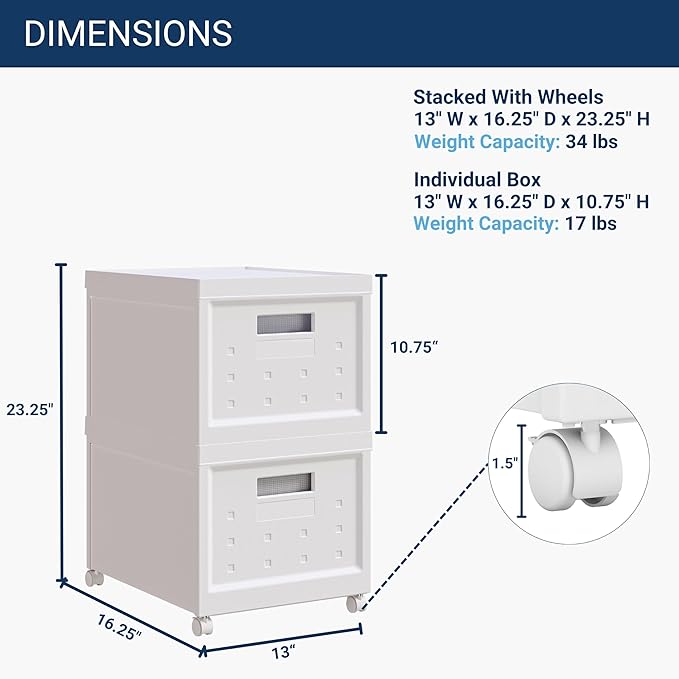 Collapsible Stackable Rolling File Boxes with Lids and 10 Hanging Files, Portable Plastic Storage Organizer with wheels for Home or Office, 2-Pack