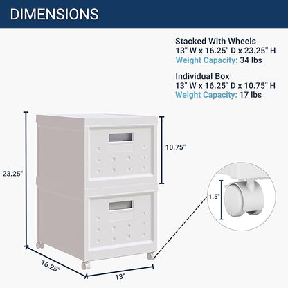 Collapsible Stackable Rolling File Boxes with Lids and 10 Hanging Files, Portable Plastic Storage Organizer with wheels for Home or Office, 2-Pack