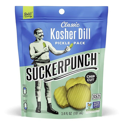 SuckerPunch Classic Dill Pickle Chips, Snack Pack, Gluten Free, Kosher, Sugar Free, Low Calorie, Low Carb, Ready to Eat, on the Go, Non GMO, Keto Friendly, Vegan, 3.4 Oz, Single Serve Pouch (12 Pack)