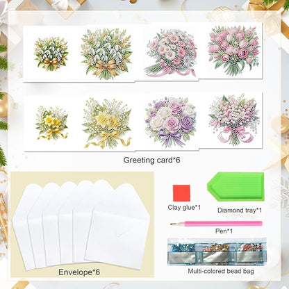 6pcs Diamond Art Painting Postcards with Envelope, Bouquet Pattern Daily DIY Handmade Greeting Cards Wishing Cards for Special Occasion Festival Craft Gift