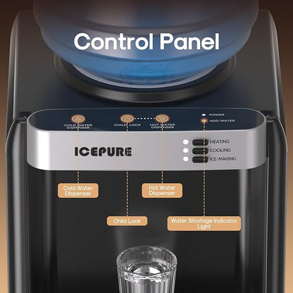ICEPURE 3-in-1 Water Dispenser with Built-in Ice Maker, Water Cooler Dispenser for 5 Gallon Bottle Top Loading, Hot and Cold Water Dispenser with Child Lock for Home and Office, 33lbs/24H