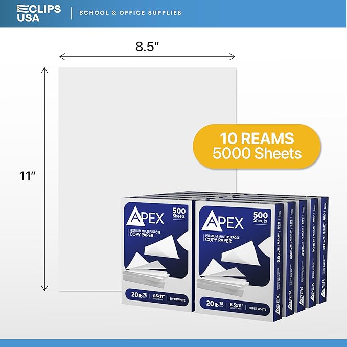 Copy Paper Printer Paper 20lb Multipurpose Printer Paper 8.5 x 11 White 92 Bright White Paper Office Supplies 500 Sheets Per Ream (10 Reams Case 5000 Sheets)