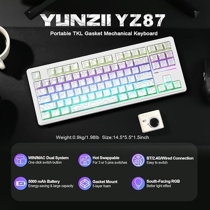YUNZII YZ87 Gasket Mechanical Keyboard,TKL Wireless Hot Swappable with 5-Layer Padding, BT5.0/2.4G/USB-C NKRO RGB Backlit for Win/Mac(White Line, Milk Switch)