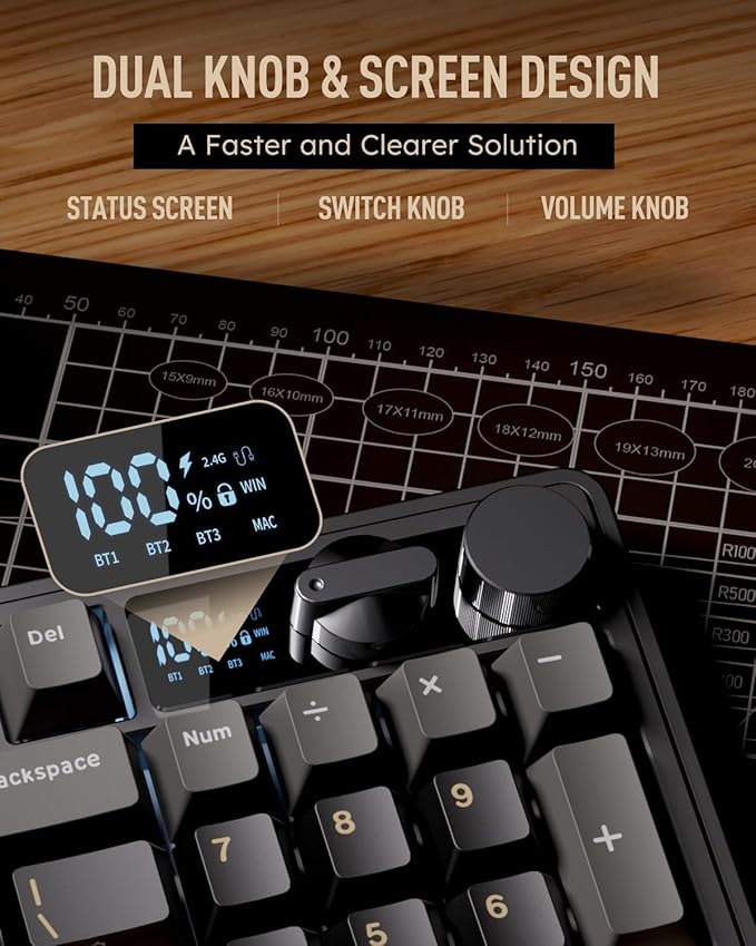 RK ROYAL KLUDGE M100 Wireless Mechanical Keyboard w/Screen & Dual Knobs, Tri-Mode Gasket Mount Gaming Keyboard with Number Pad, Hot Swappable Cream Switch, Black