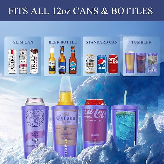 4 in 1 Insulated Slim Can Cooler for 12 OZ Cans and Beer Bottle - Keep 8 Hours Cold, Easy to Hold - Stainless Steel Can Holder, Double Walled Can Insulator for Hard Seltzer and More (Violet)