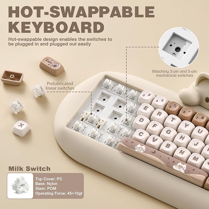 YUNZII C68 Wireless Mechanical Keyboard,65% Layout,Hot Swap,Triple Mode BT5.0/2.4G/Wired, RGB Backlit NKRO,Cute Cat Silicone Ergonomic Design for Win/Mac (Brown, Milk Switch)
