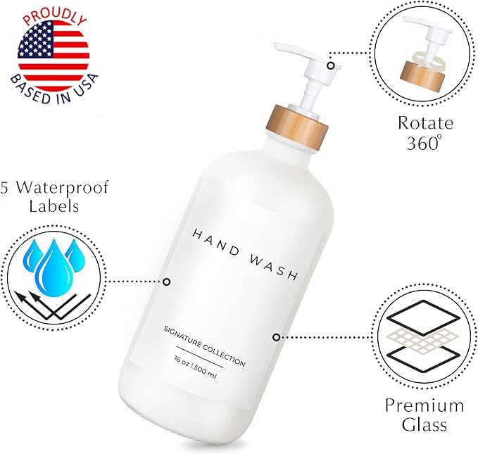 Emerson Essentials Soap Dispenser, Dish Soap Dispenser for kitchen, Hand Soap Dispenser Bathroom | Kitchen Soap Dispenser Set, Glass Hand Soap and Lotion Set for Bathroom, 16 Oz, Bamboo Tray, Set of 2