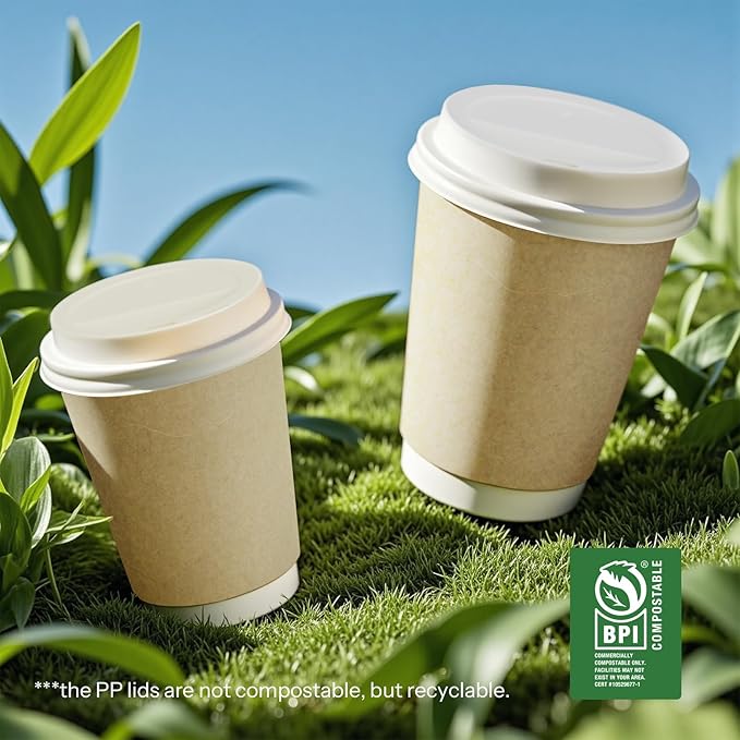 Compostable Coffee Cups with Lids 12 oz To Go Hot Cups,120 Pack Disposable Paper Cups with Lids, BPI Certified PLA Coated Natural Kraft Insulated Disposable Cups for Togo Office Coffee Bar Travel Home