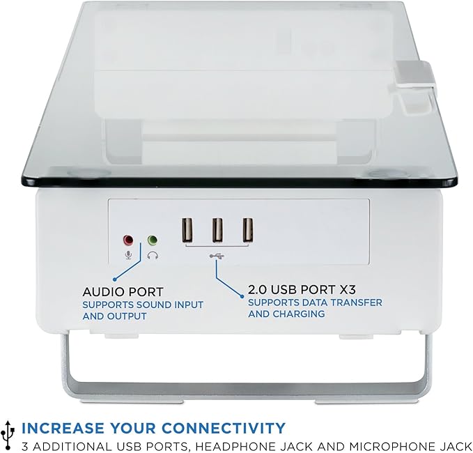 Mount-It! Glass Monitor Stand with 3 USB Ports | Desktop Riser Fits 24, 27, 30, 32 Inch Screens, 66 Lbs Capacity