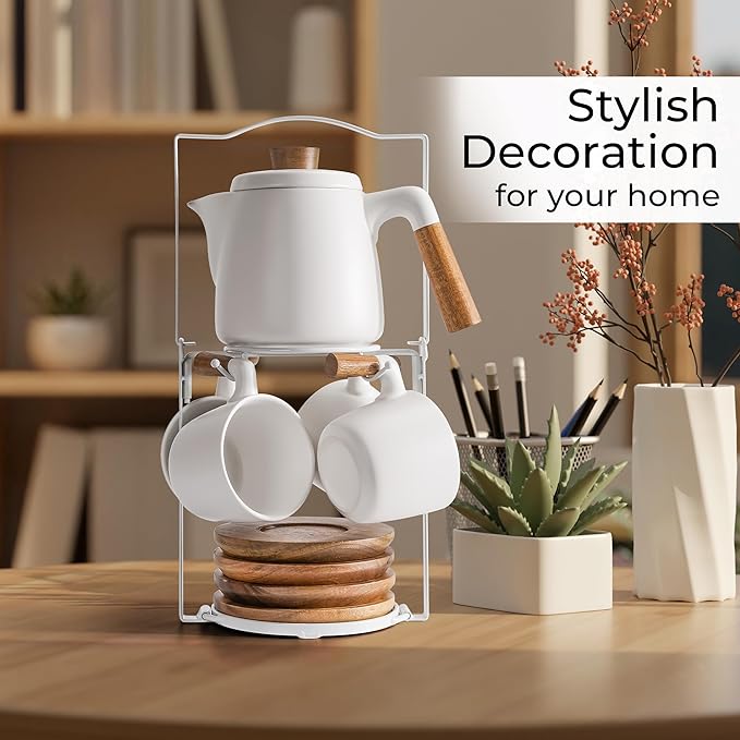MIAMIO – 34 Oz Ceramic Tea Pot Set with Infuser and Cups/Tea Strainer, 4 Ceramic Tea Mugs (10 Oz), Bamboo Saucers/Handle for Home and Office (White)