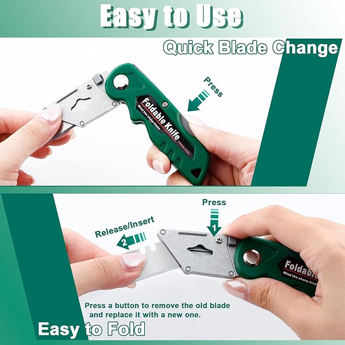 10 Pack Folding Utility Knife, Folding Box Cutter with 30 Extra Blades, Heavy Duty Utility Knife, Pocket Box Cutter for Cardboard, Boxes, Stainless Belt Clip, Quick Change Blades