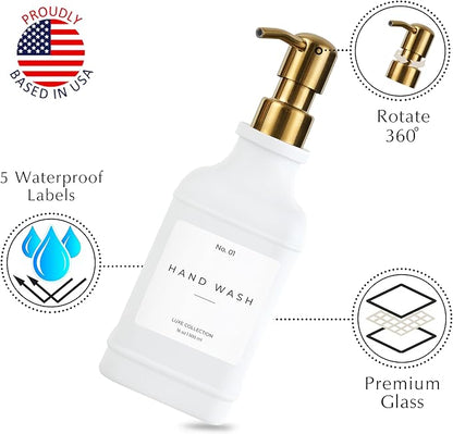 Emerson Essentials Soap Dispenser, Dish Soap Dispenser, Soap Bottle Bathroom Set, Hand Soap Farmhouse Home, Kitchen Soap Dispenser Set - Glass Soap Dispenser with Pump and Labels, 16 Oz, 2 Pack