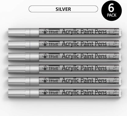 Silver Marker Paint Pens - 6 Pack Acrylic Silver Permanent Marker, 0.7mm Extra Fine Tip Paint Pen for Art project, Drawing, Rock Painting, Stone, Ceramic, Glass, Wood, Plastic, Metal, Canvas DIY Craft