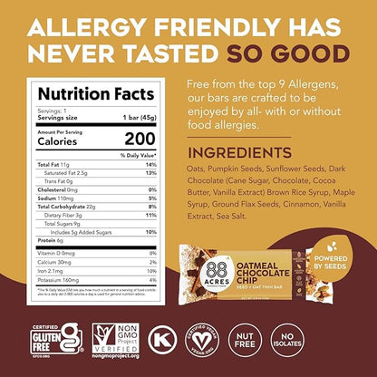 88 Acres Granola Bars | Oatmeal Chocolate Chip | Gluten Free, Nut-Free Oat and Seed Granola Bar | Vegan & Always Non GMO | 12 Pack