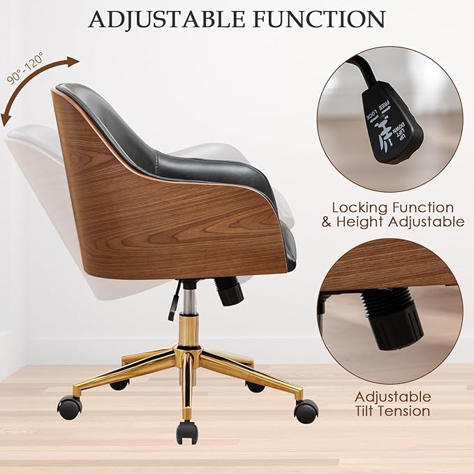 Genuine Leather Office Desk Chair, Adjustable Height Small Modern Comfortable Walnut Vanity Chair, Gold Legs Mid Back 360 Swivel for Home Office, Bedroom, Study, Meeting Room(Vintage Black)